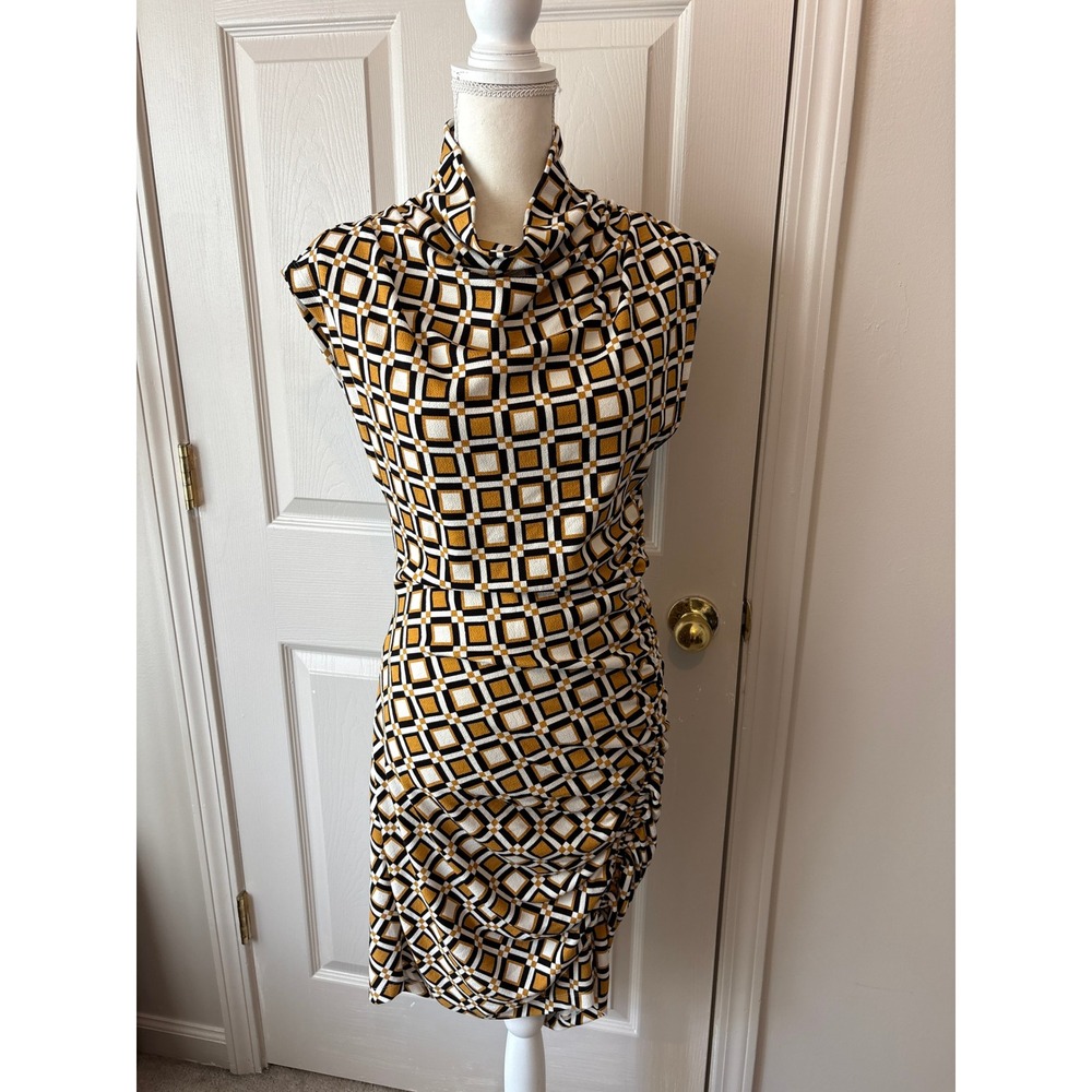 Anthropologie Sheath Dress Womens M Yellow Geometric Cowl Neck Ruched Excellent